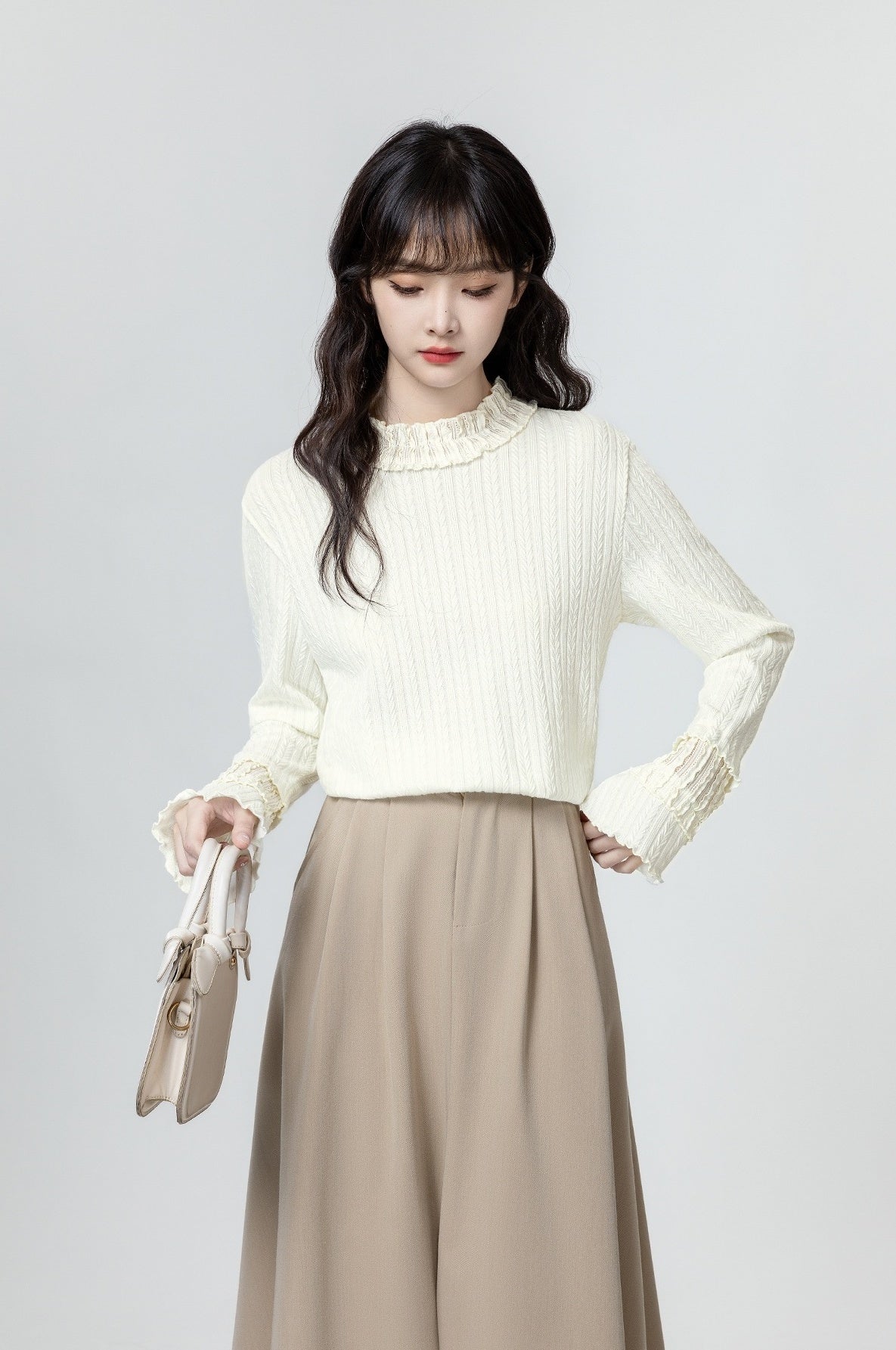 Ruffled Sleeve Beige Long Sleeve Top