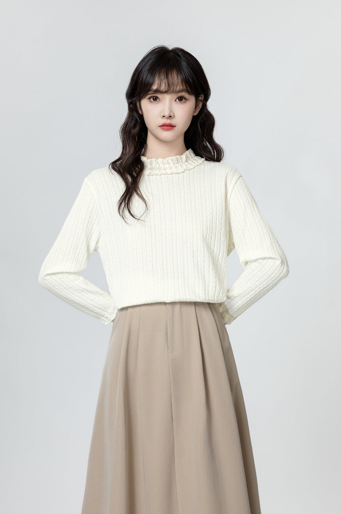 Ruffled Sleeve Beige Long Sleeve Top