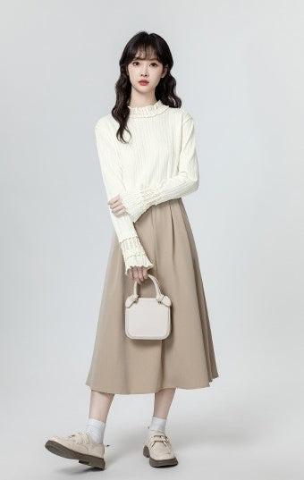 Ruffled Sleeve Beige Long Sleeve Top