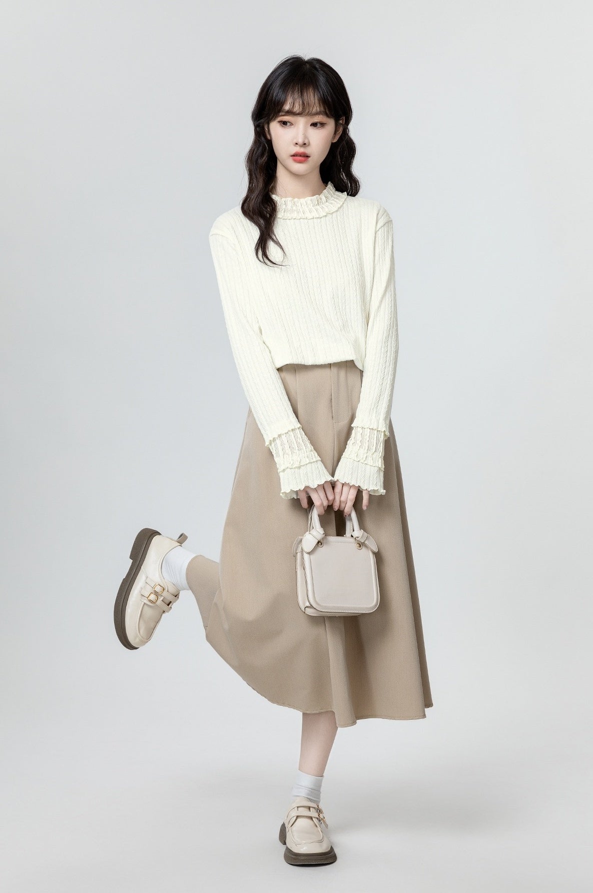 Ruffled Sleeve Beige Long Sleeve Top