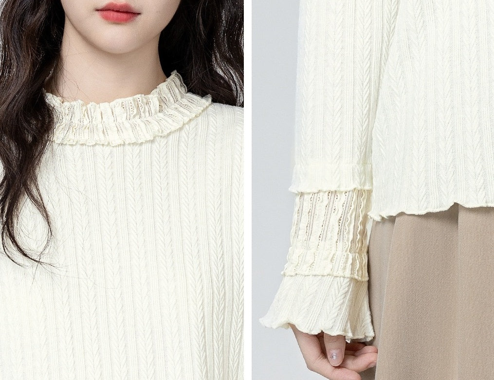 Ruffled Sleeve Beige Long Sleeve Top