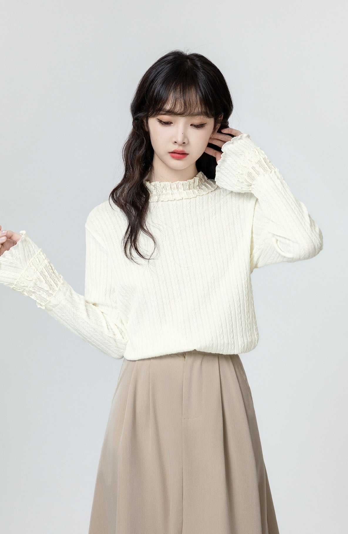 Ruffled Sleeve Beige Long Sleeve Top
