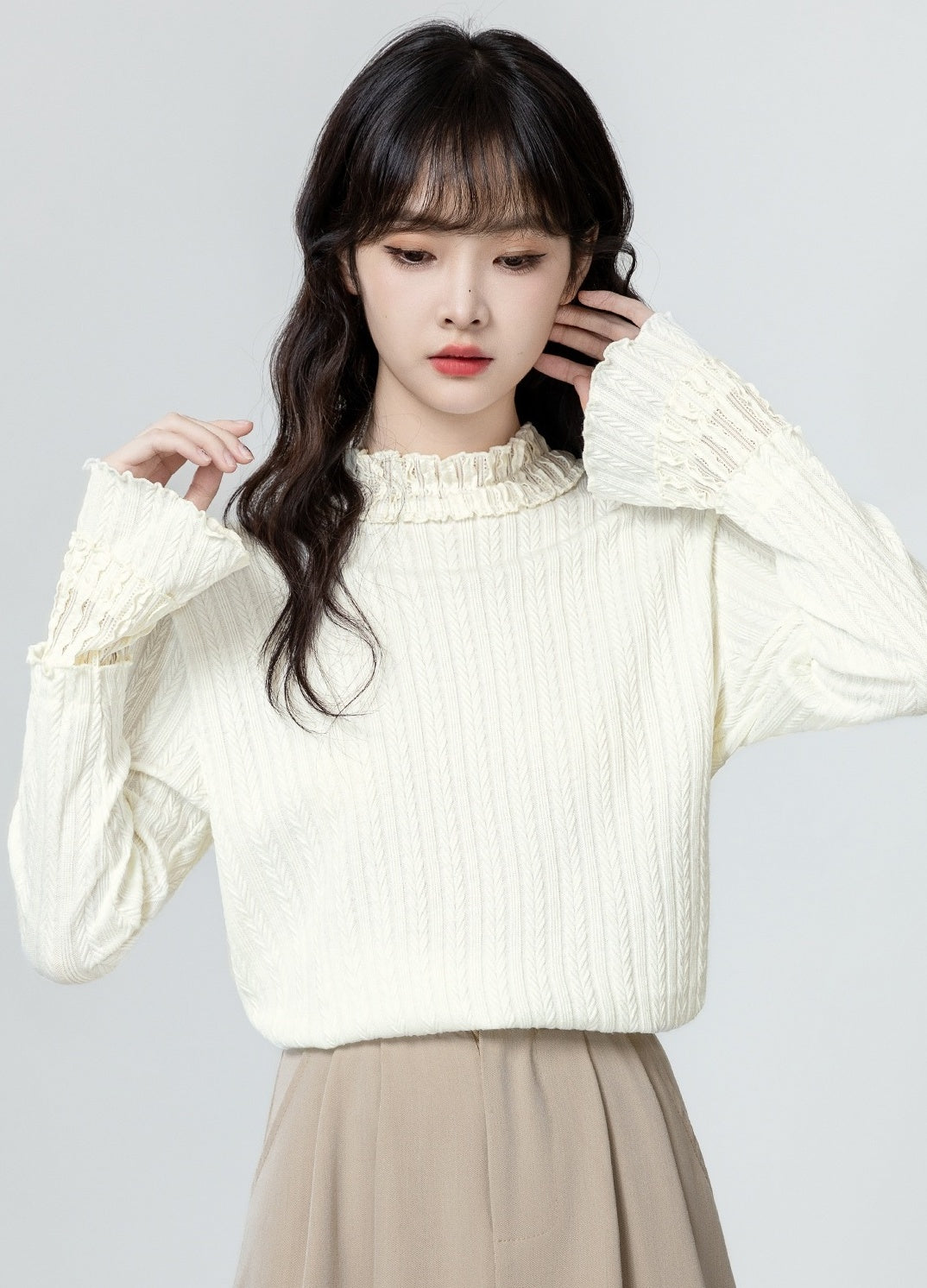 Ruffled Sleeve Beige Long Sleeve Top