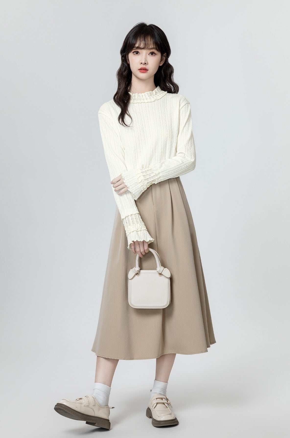Ruffled Sleeve Beige Long Sleeve Top