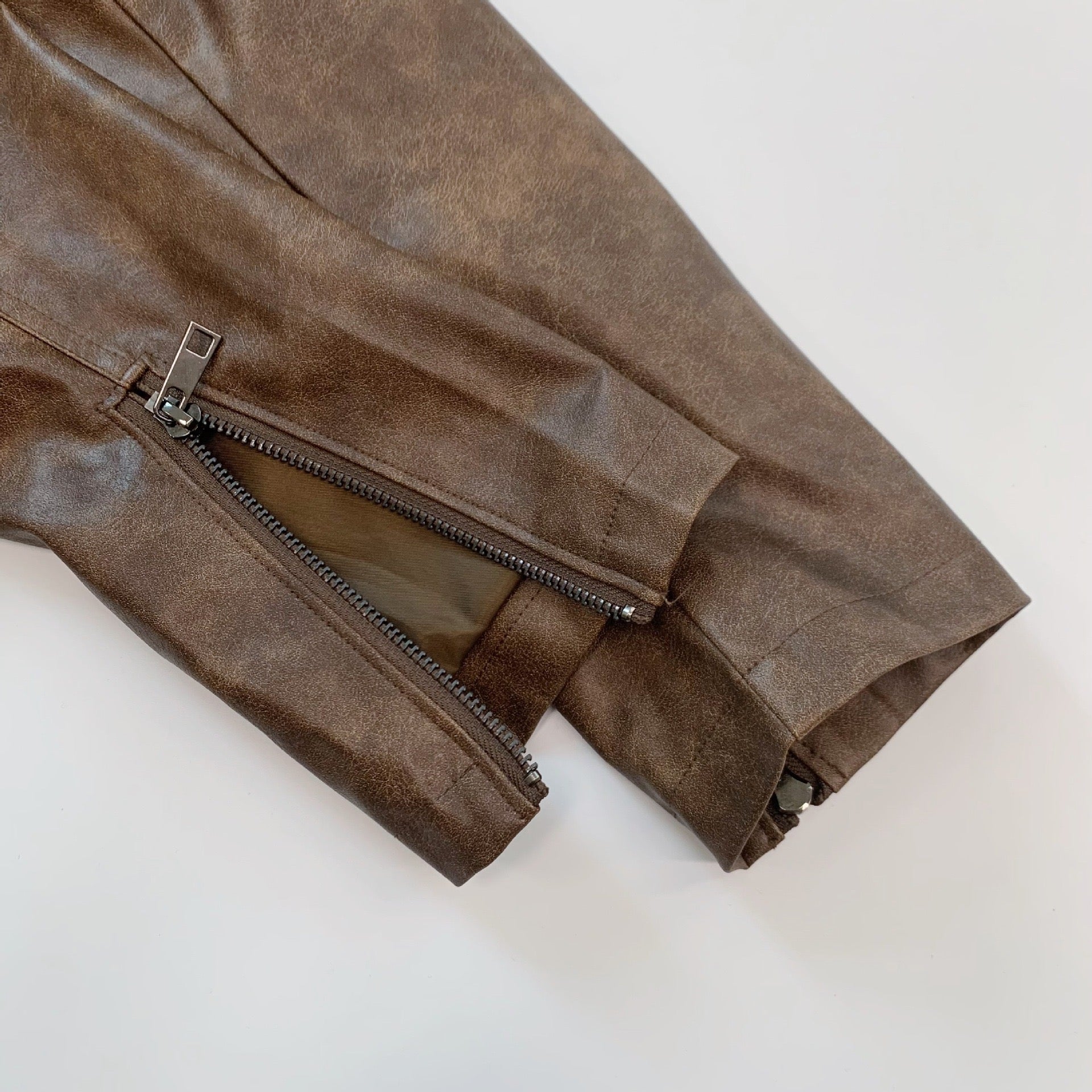 Rustic Brown Faux Leather Cropped Biker Jacket