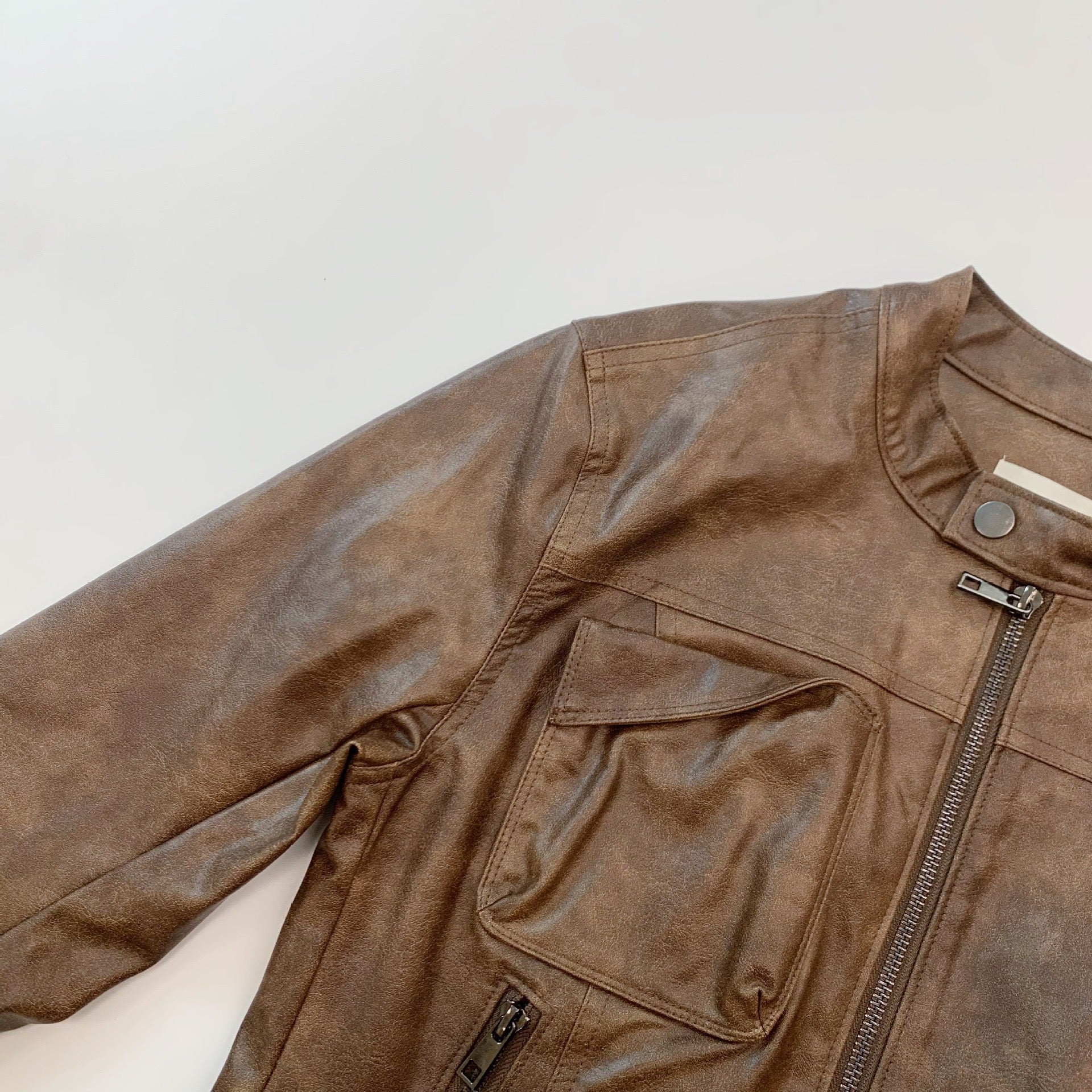 Rustic Brown Faux Leather Cropped Biker Jacket