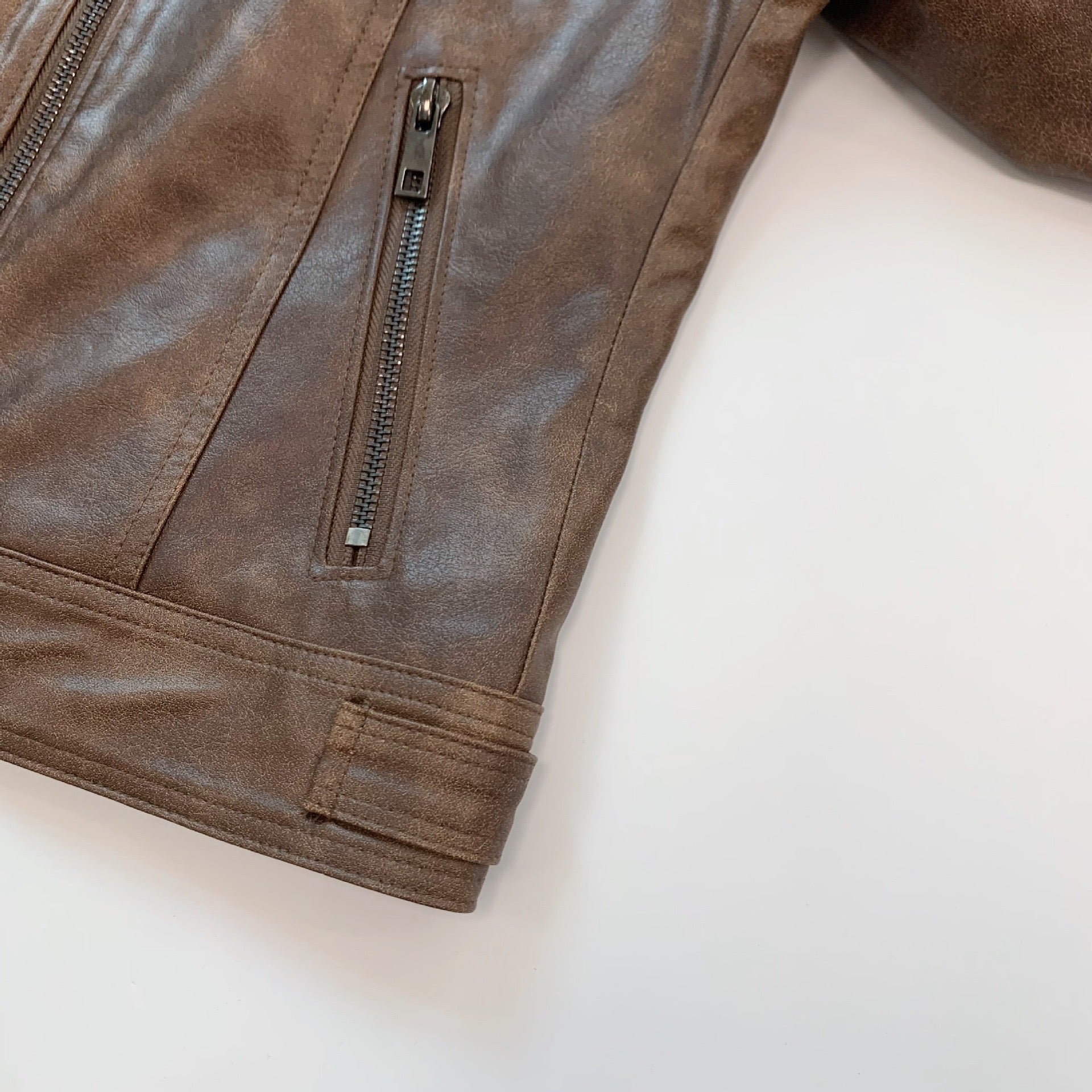 Rustic Brown Faux Leather Cropped Biker Jacket