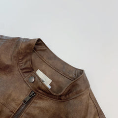 Rustic Brown Faux Leather Cropped Biker Jacket