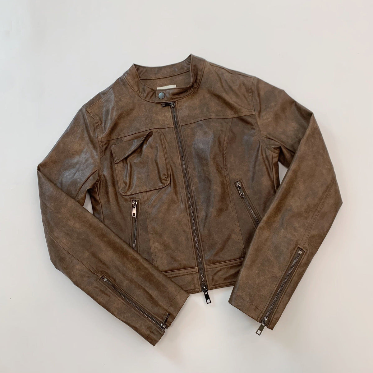 Rustic Brown Faux Leather Cropped Biker Jacket
