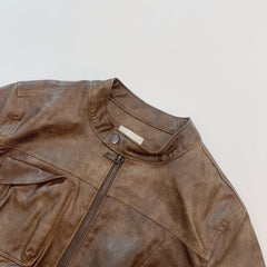 Rustic Brown Faux Leather Cropped Biker Jacket