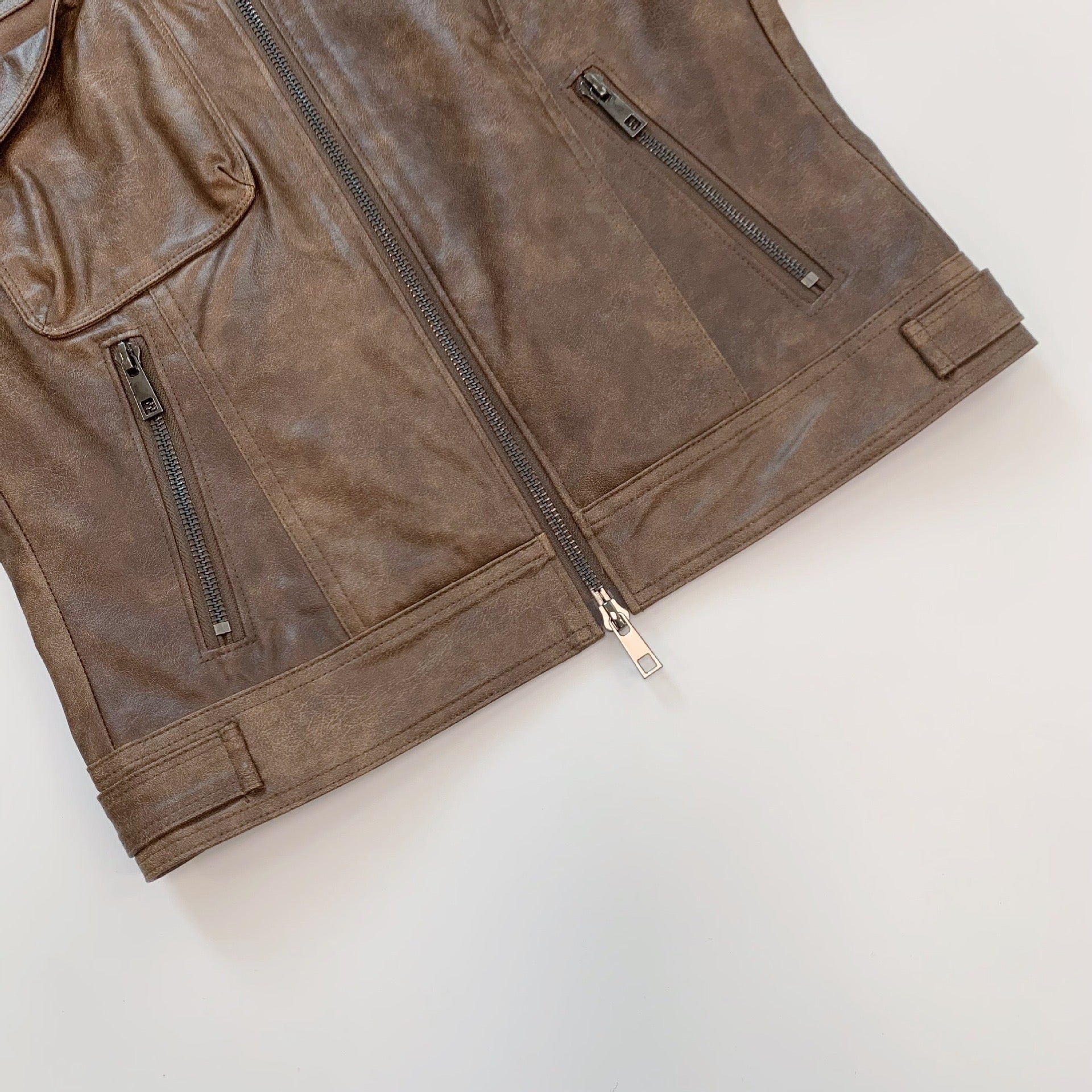 Rustic Brown Faux Leather Cropped Biker Jacket