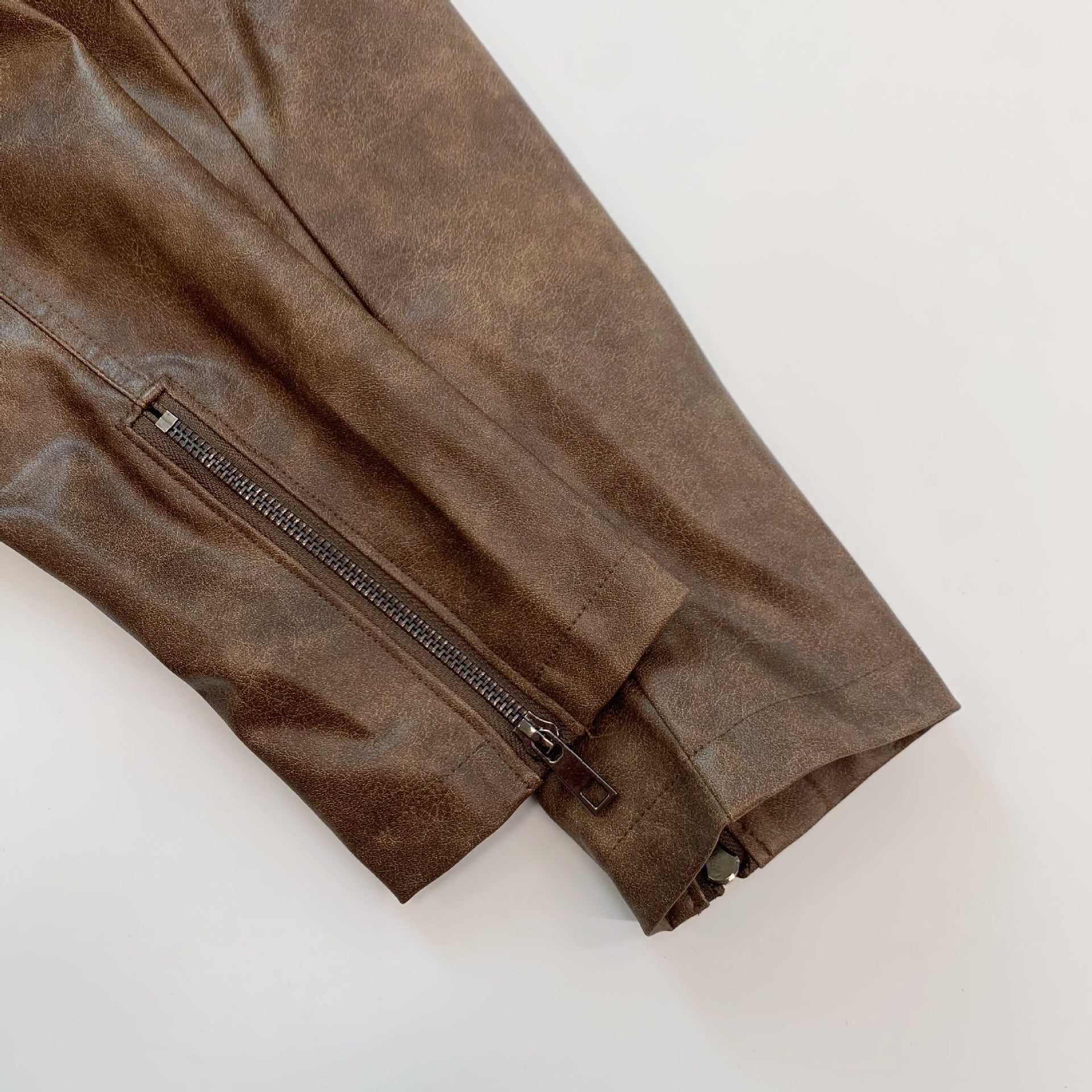 Rustic Brown Faux Leather Cropped Biker Jacket