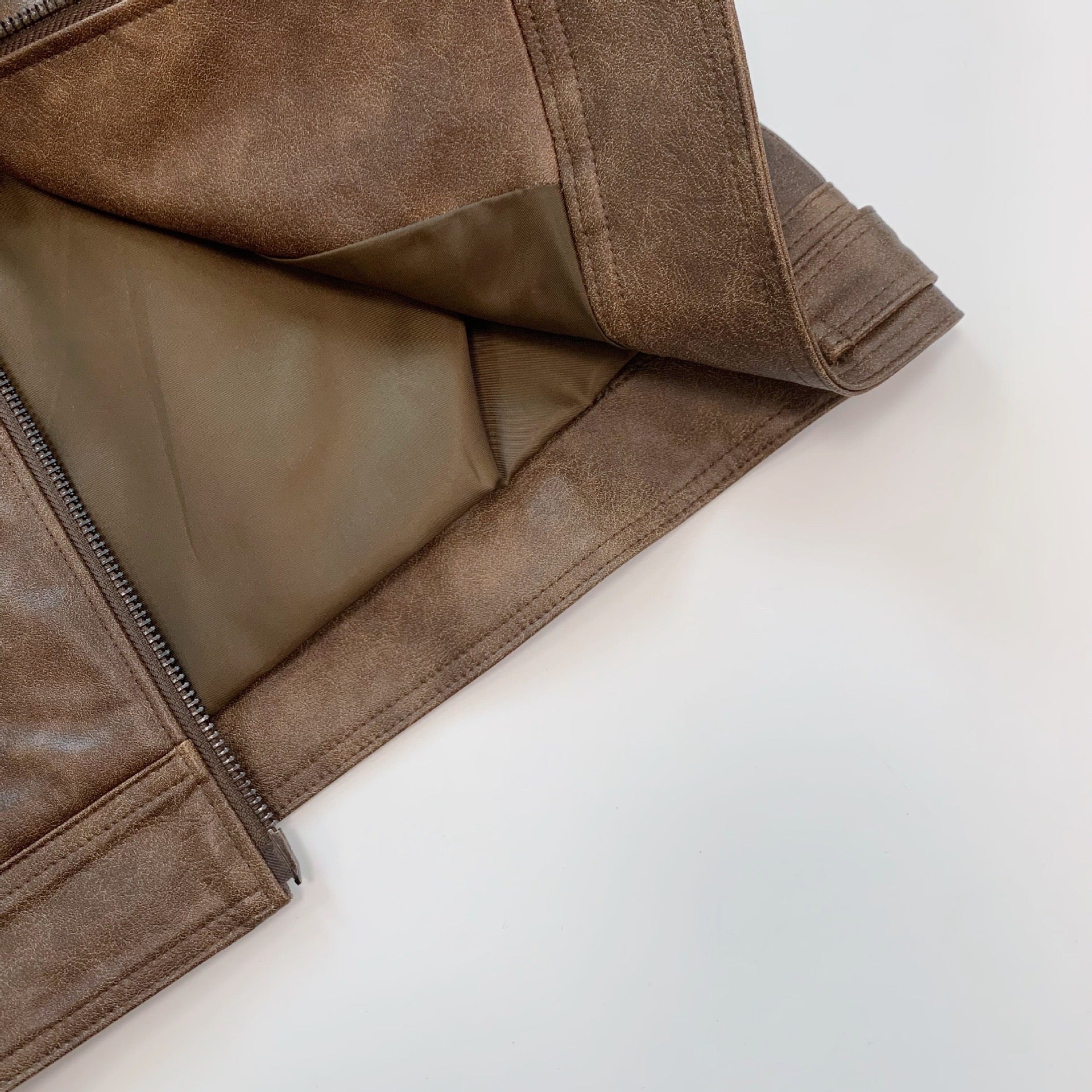 Rustic Brown Faux Leather Cropped Biker Jacket