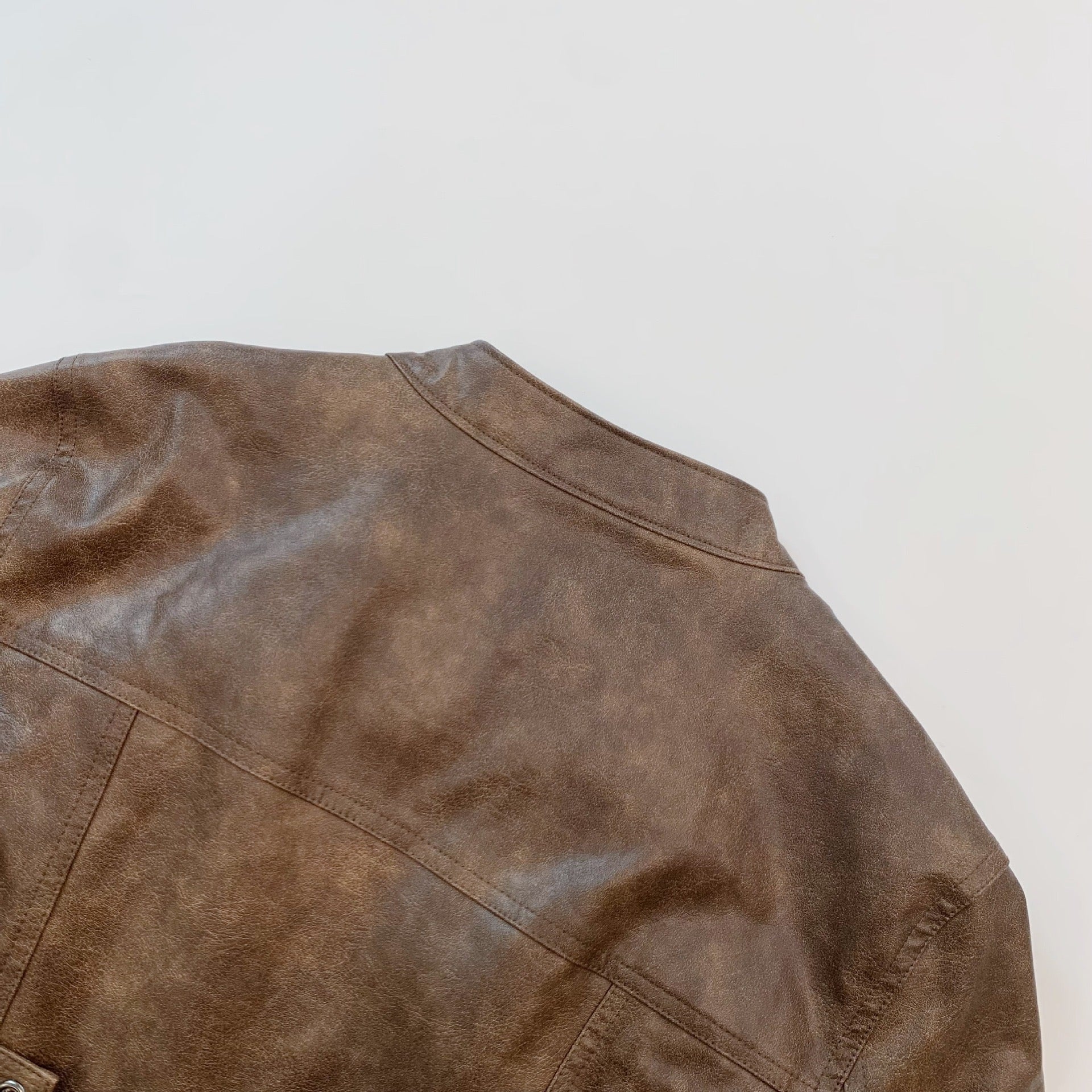 Rustic Brown Faux Leather Cropped Biker Jacket