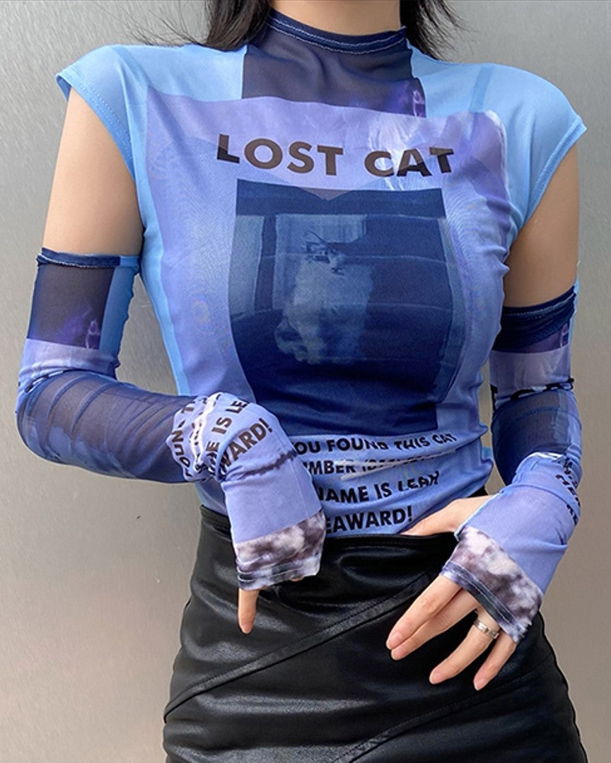 Blue Graphic Mesh T-Shirt With Arm Warmer Sleeves