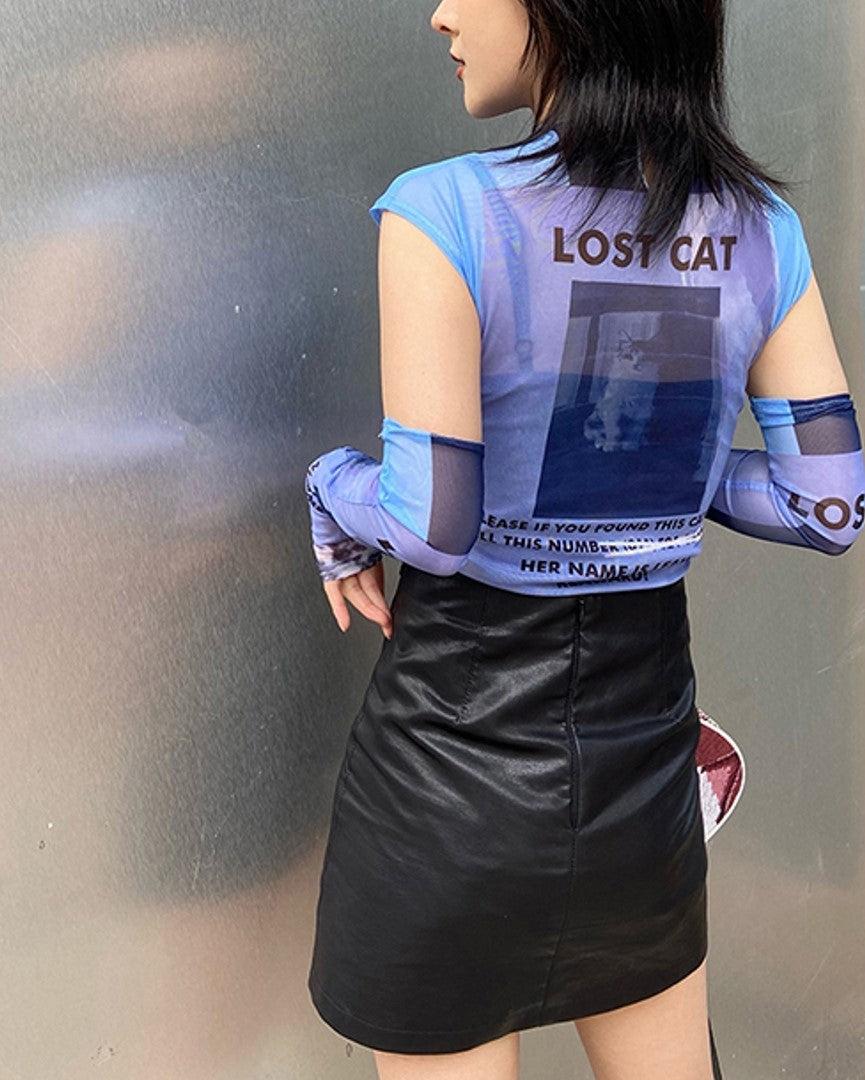 Blue Graphic Mesh T-Shirt With Arm Warmer Sleeves