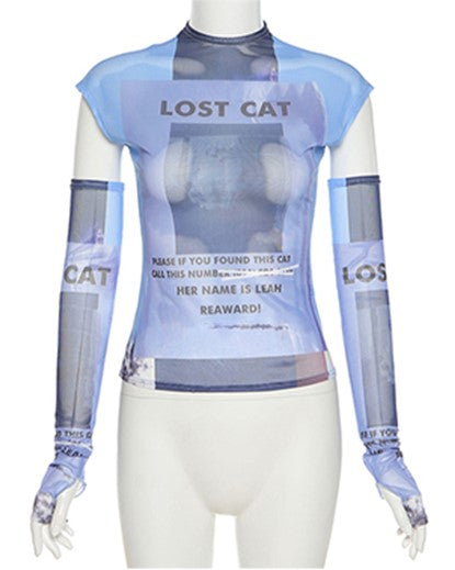 Blue Graphic Mesh T-Shirt With Arm Warmer Sleeves