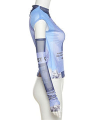 Blue Graphic Mesh T-Shirt With Arm Warmer Sleeves
