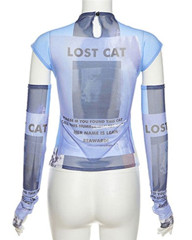 Blue Graphic Mesh T-Shirt With Arm Warmer Sleeves