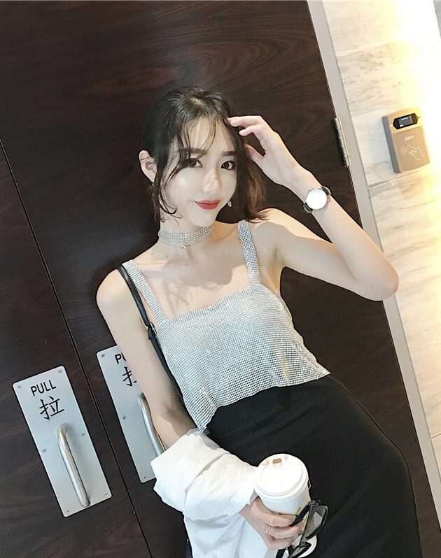 Grey Shiny Strap Crop Top