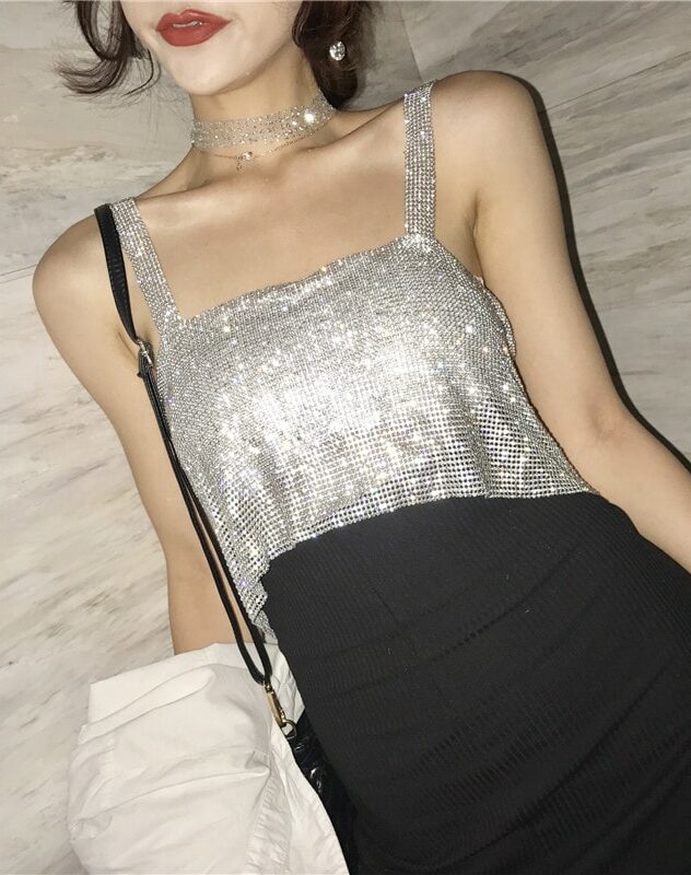 Grey Shiny Strap Crop Top