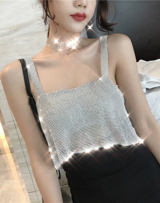 Grey Shiny Strap Crop Top