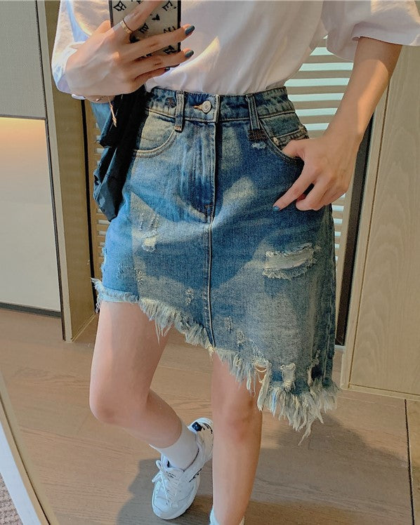 Blue Asymmetrical Distressed Denim Skirt