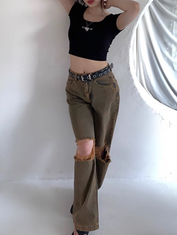 Brown Distressed Boyfriend Jeans
