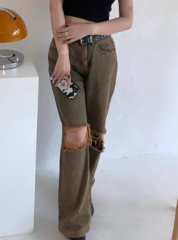 Brown Distressed Boyfriend Jeans