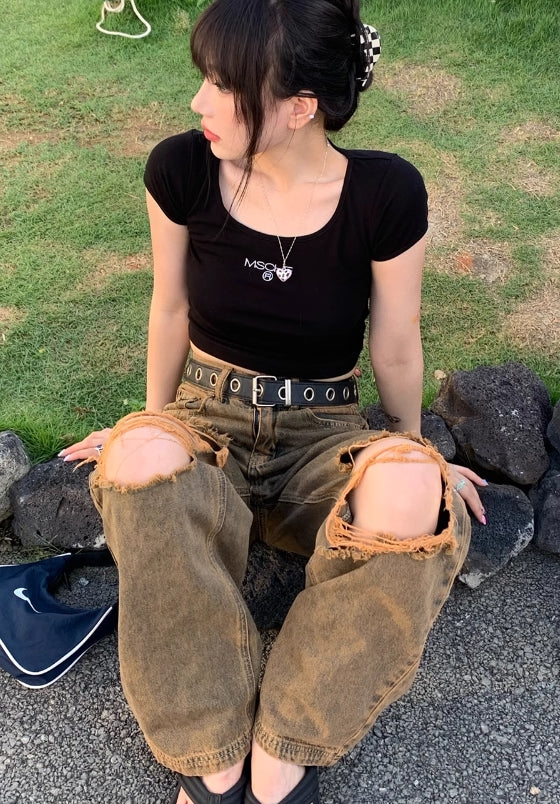 Brown Distressed Boyfriend Jeans