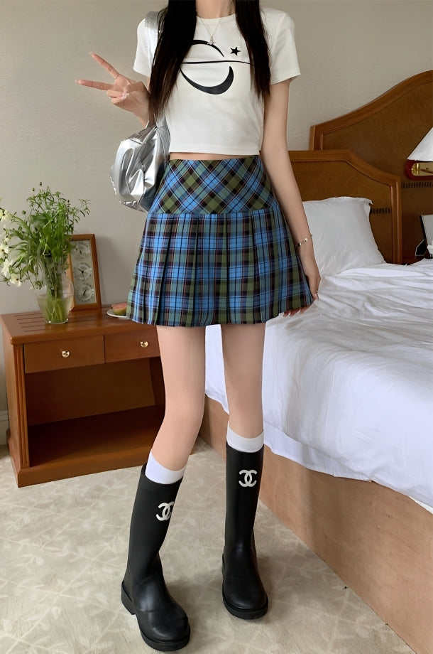 Red Pleated A-Line Plaid Skirt