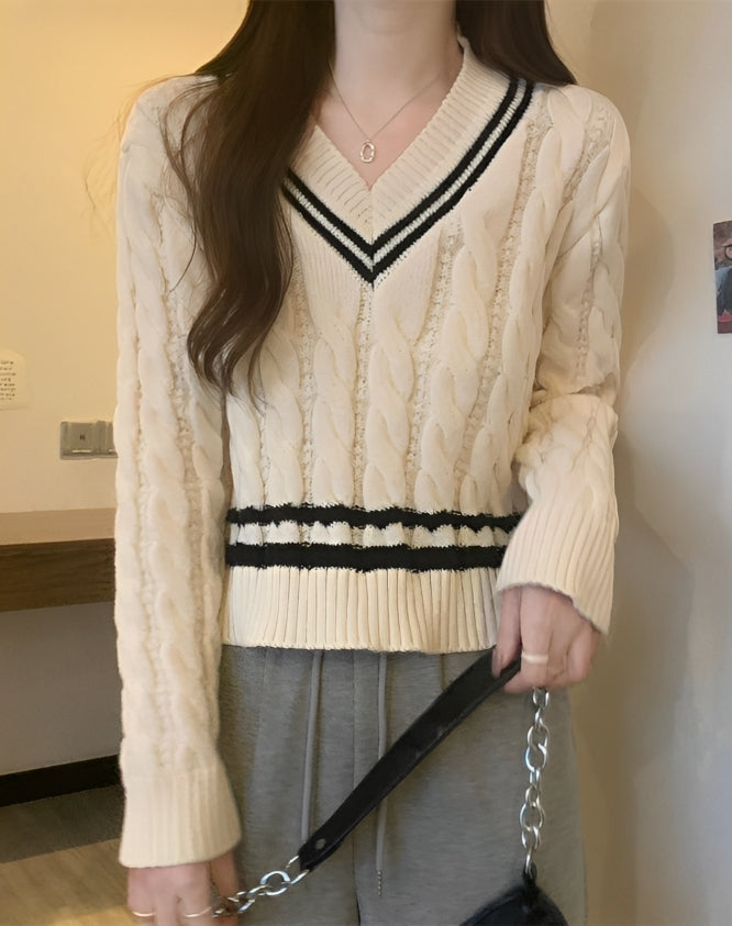 White V-Neck Knitted Sweater