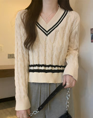 White V-Neck Knitted Sweater
