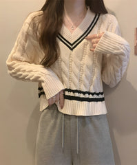 White V-Neck Knitted Sweater