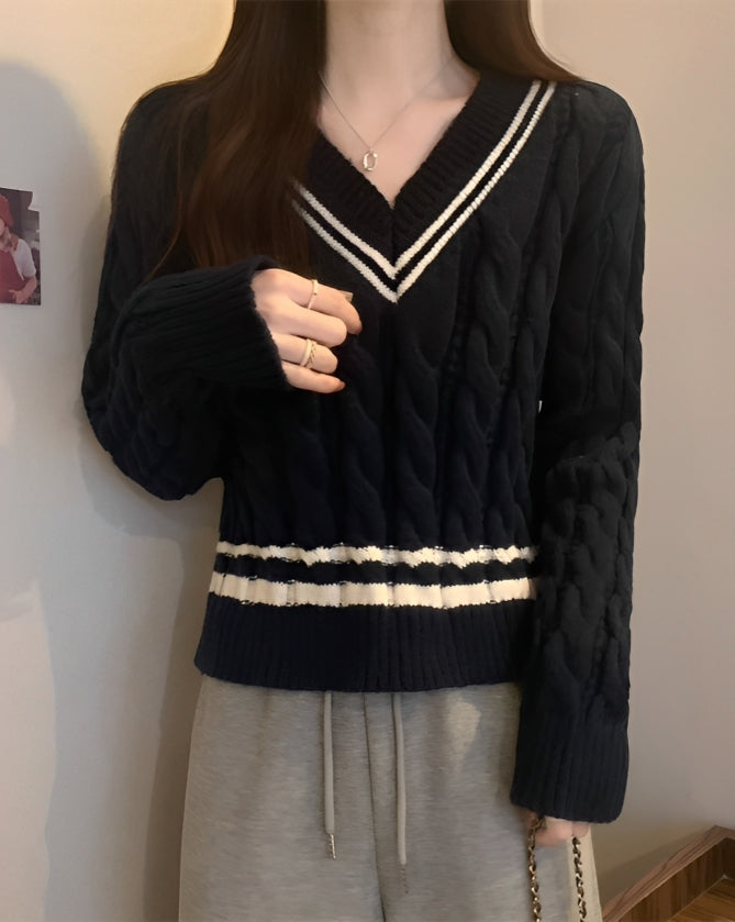 White V-Neck Knitted Sweater
