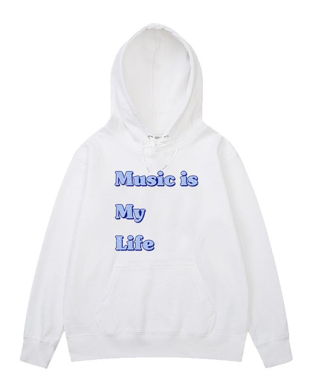 White 'Music Is My Life' Printed Hoodie