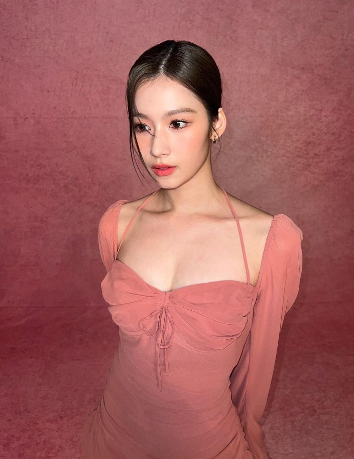 Pink Halter Long Sleeve Dress