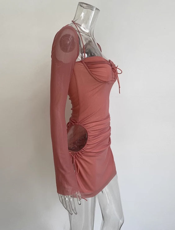 Pink Halter Long Sleeve Dress