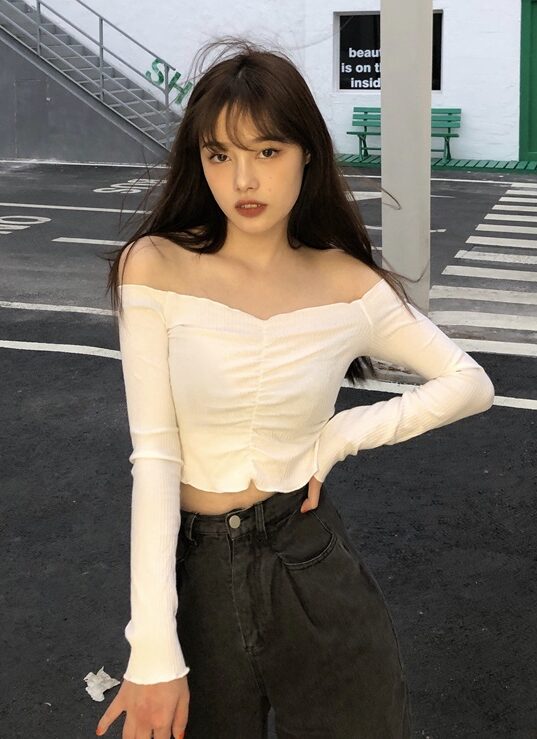 White Long Sleeve Lettuce  Crop Top