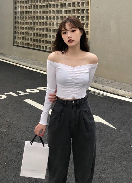 White Long Sleeve Lettuce  Crop Top