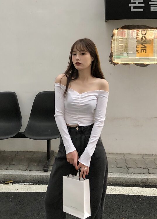 White Long Sleeve Lettuce  Crop Top