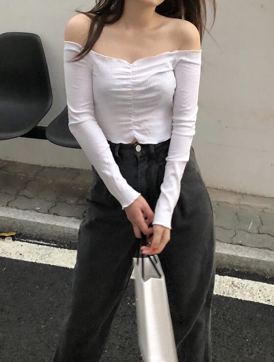 White Long Sleeve Lettuce  Crop Top