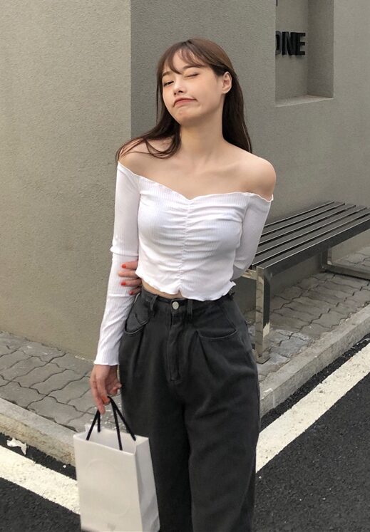 White Long Sleeve Lettuce  Crop Top