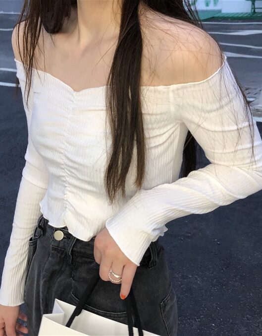 White Long Sleeve Lettuce  Crop Top