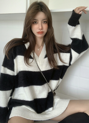 Black Retro Striped V-Neck Sweater