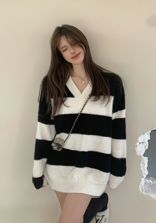 Black Retro Striped V-Neck Sweater