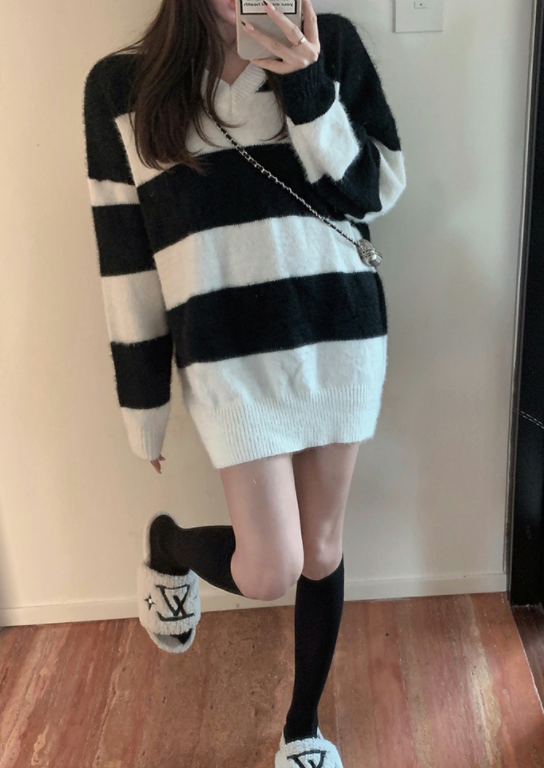 Black Retro Striped V-Neck Sweater