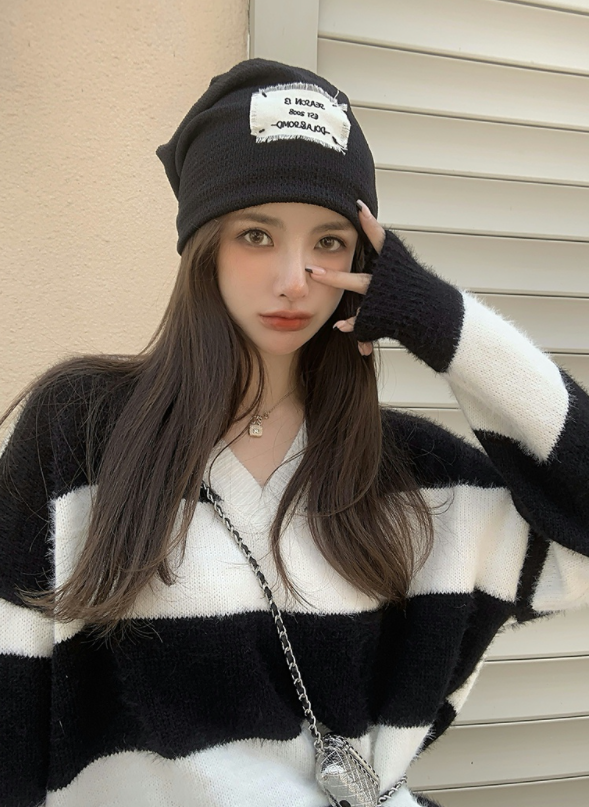 Black Retro Striped V-Neck Sweater