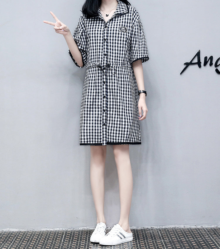 Black Checkered Collared Shirt Dress
