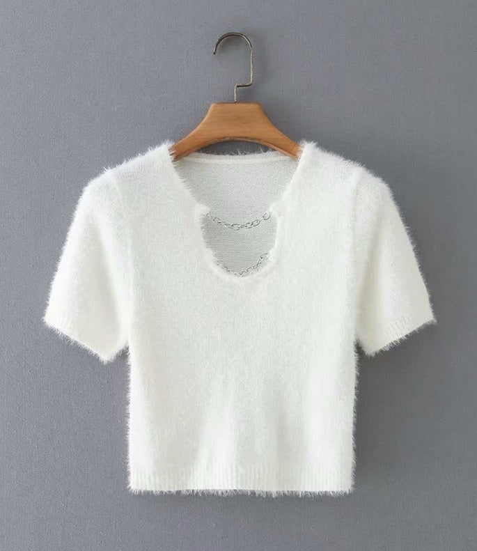 Pink Fluffy Chained Cropped T-Shirt